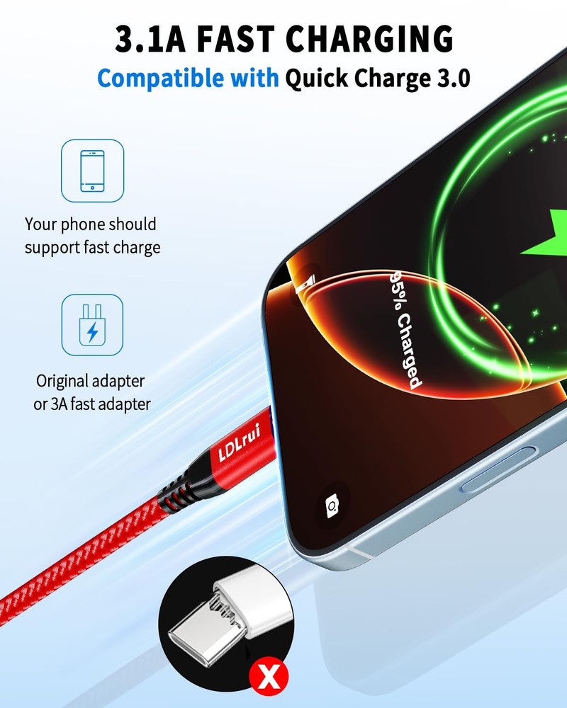 USB-C Data Cable 10Gbps [6ft, Red], Android Auto USB 3.2 Gen 2 A 6ft, Red