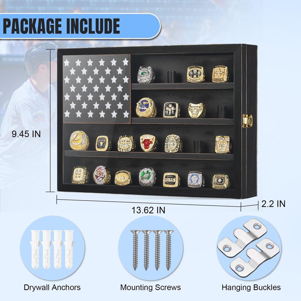 Championship Ring Display Case with 22 Posts - Solid Wood - Wall Mo... Fast Ship