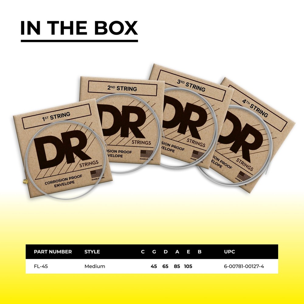 DR Strings Legend- Polished Flatwound Stainless Steel Bass Strings Medium