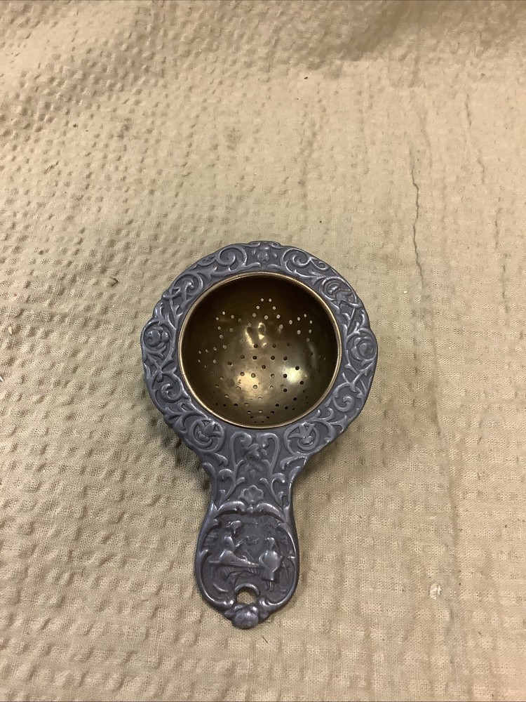 Antique German Silver Brass Tea Strainer 4” repousse'