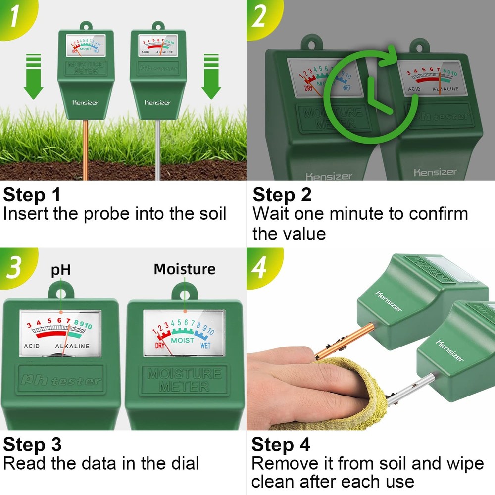 Kensizer Soil Tester, Moisture/pH Meter, Green