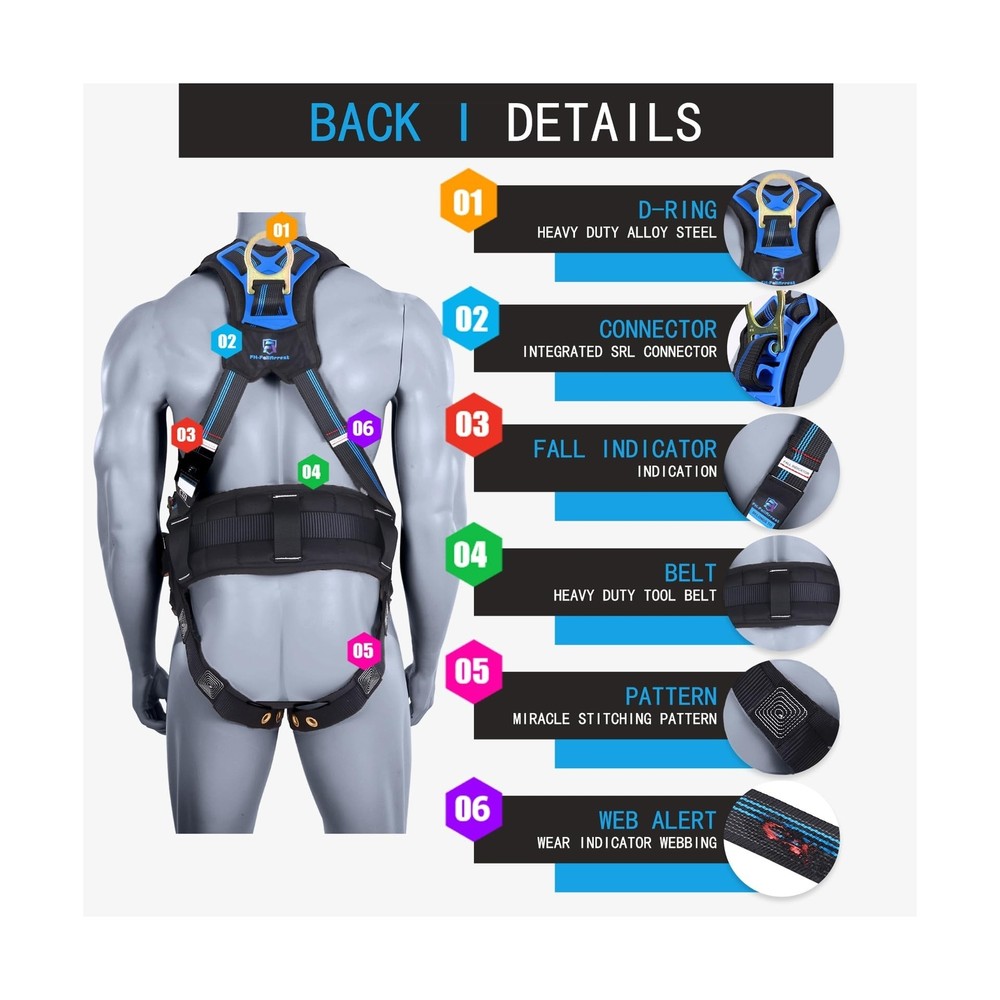 Fall Protection 5pt Full-Body Safety Harness, Vented & Padded Shoulder, Back ...