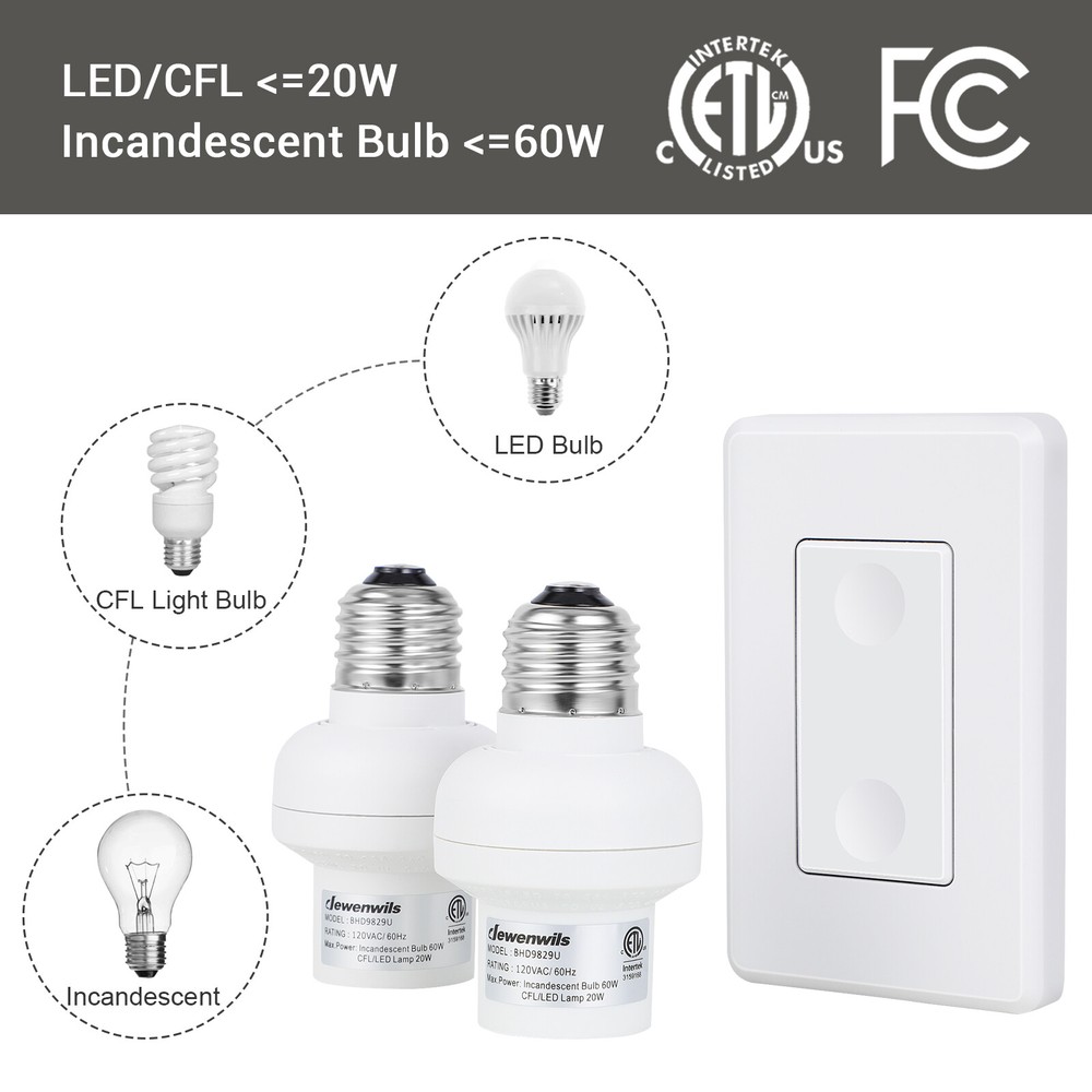 DEWENWILS Remote Control Light Socket Wall Mounted Wireless Light Switch White