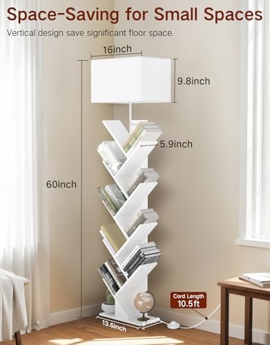 9 Tier Tree Bookshelf with Light, Remote & Timer, Dimmable Tall Floor White