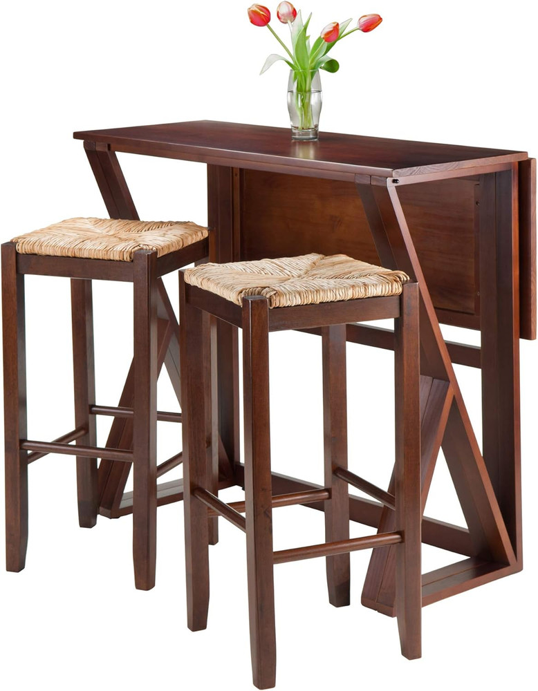 Stylish 3-Piece Drop Leaf High Table Set with 2 Rush Seat Stools, Brown