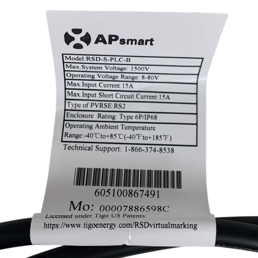 New AP Smart Model RSD-S-PLC-B SunSpec Certified Rapid Shutdown Device Cord