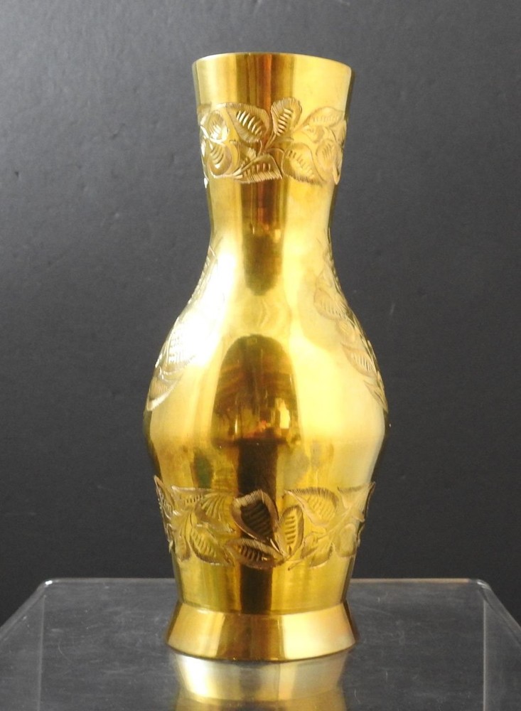 Vintage Solid Brass Etched Leaf Design Vase Numbered India 10" W13