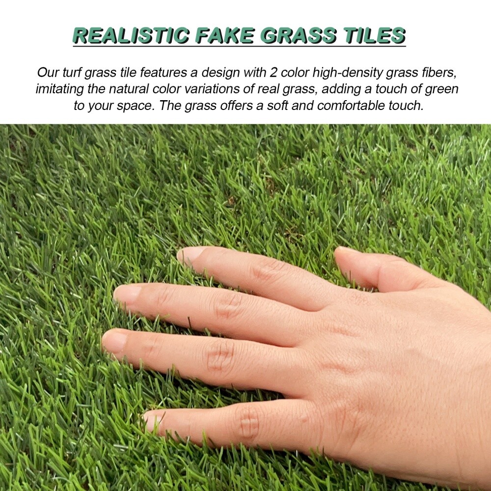 A set of 35 self-draining artificial turf tiles with interlocking features