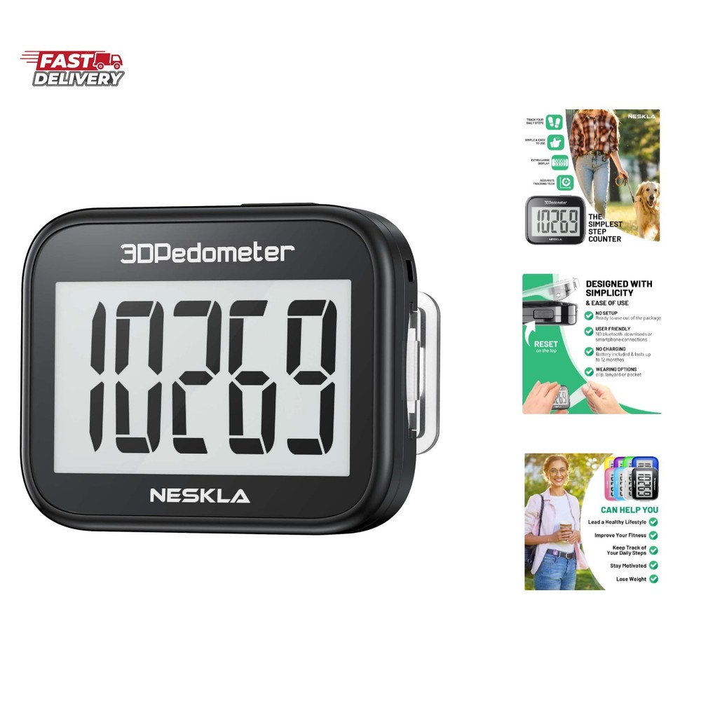 3D Pedometer for Walking, Simple Step Counter with Large Digital Display, Ste...