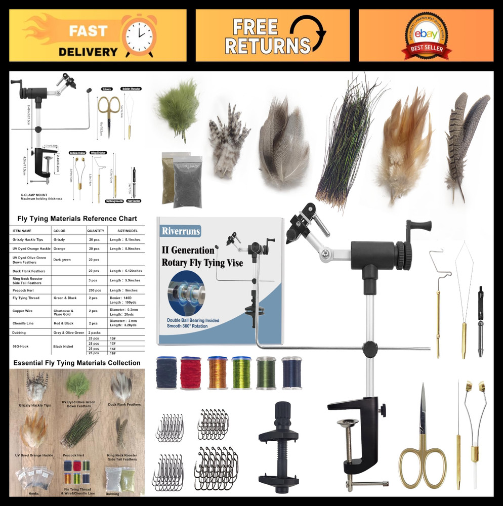 Rotary Fly Tying Vise Kit - Complete Tools & Materials for Professional Flies