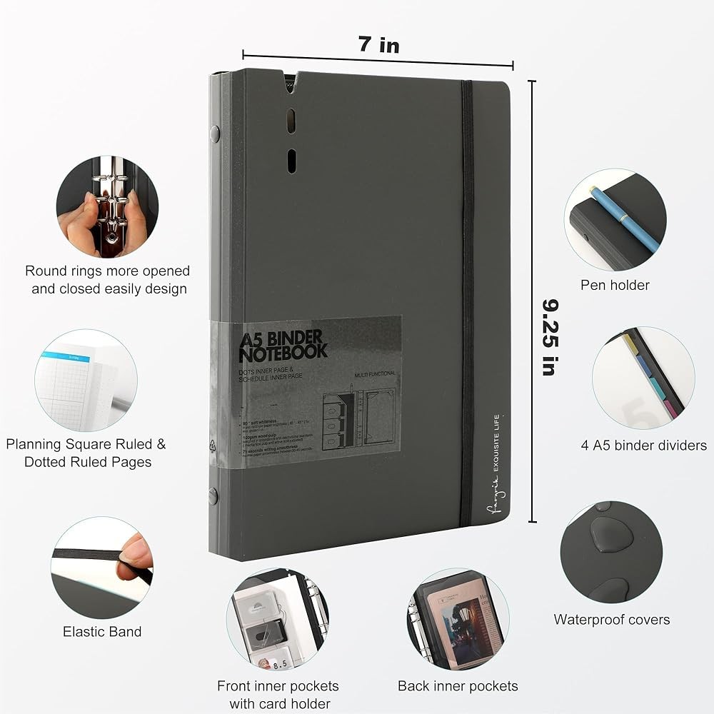 A7 Binder 6 Ring Notebook with Dividers Refillable Planner Binder