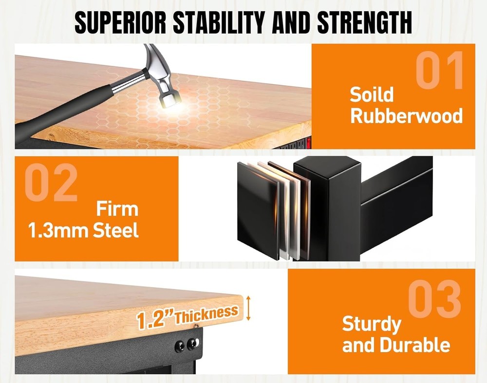 96”Adjustable Work Bench, 5000 LBS Capacity Heavy Duty Workbench with Power Outl