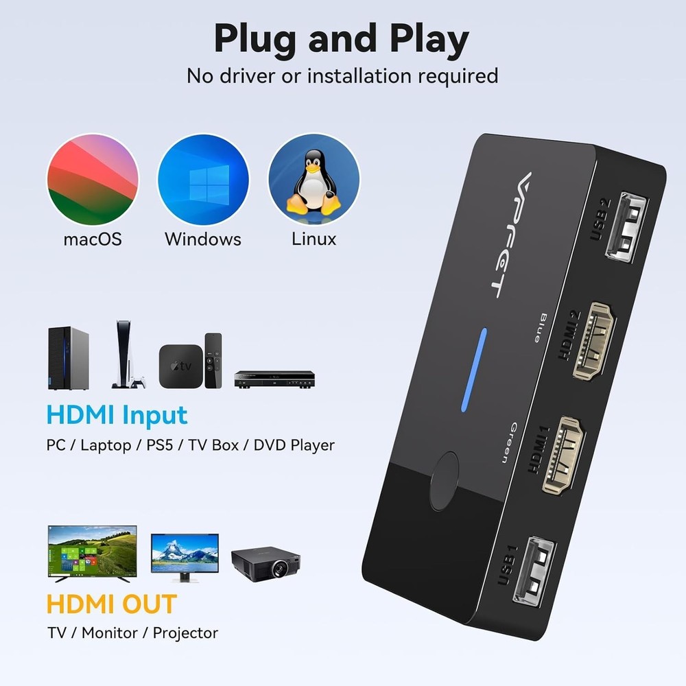 USB KVM Switch 4K@60Hz - Effortlessly Control 2 PCs with Compact Desktop Remote