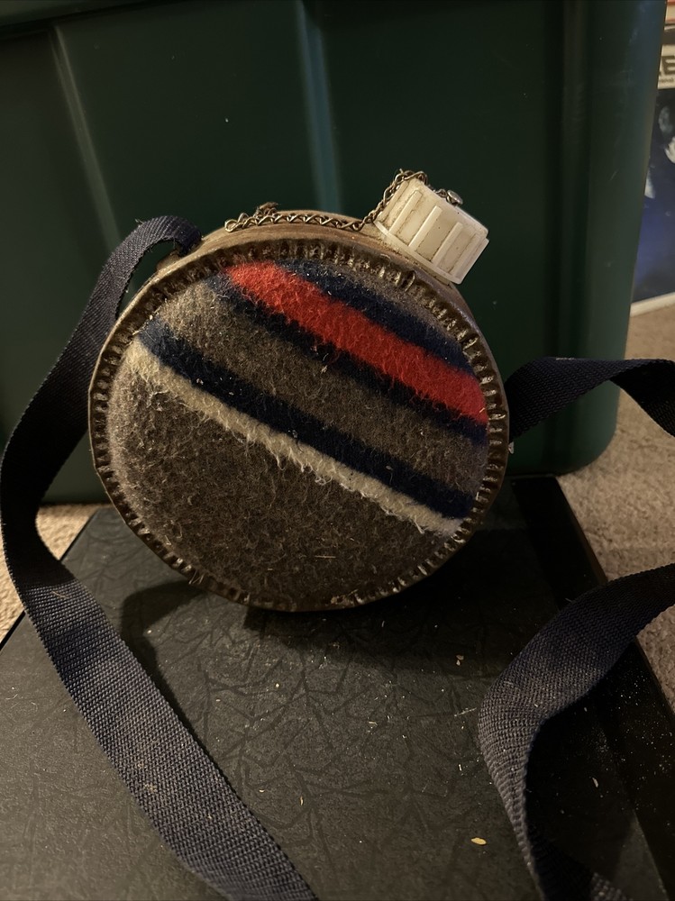Vintage Wool Striped Blanket Covered Galvanized Metal Canteen