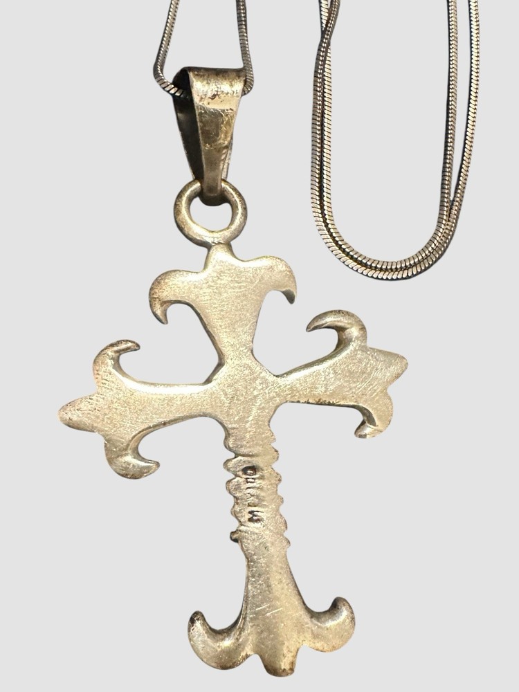 Sterling Silver Fleur De Lis Cross Gothic 25” Snake Chain