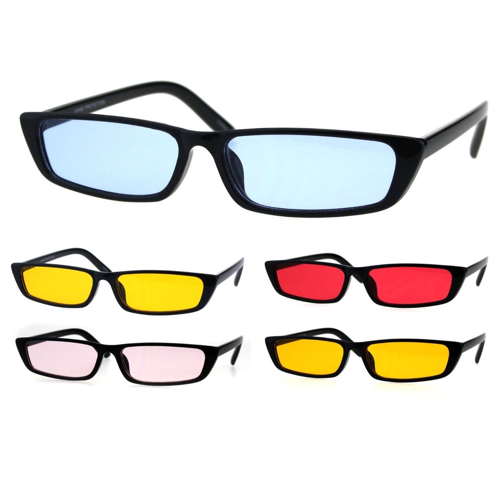 Womens Pop Color Lens Narrow Rectangular Cat Eye Black Plastic Sunglasses