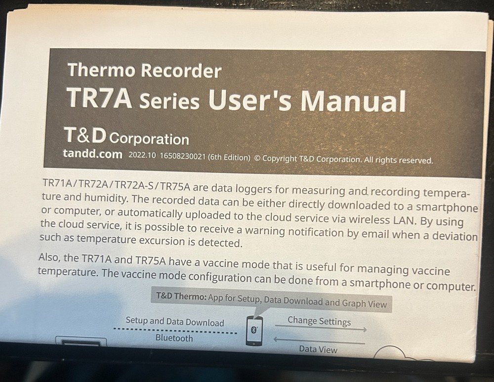 TandD TR72A-S High Precision Bluetooth, WiFi Humidity and Temp Data Logger