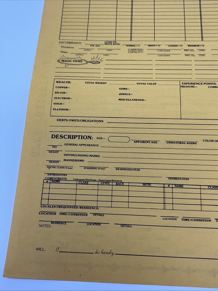Original AD&D Player Character Record Sheet—Multi Classed Bard Light Use