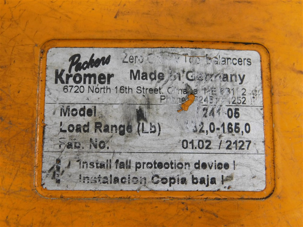 USED Packers Kromer 7241-05 Zero Gravity Tool Balancer Load Range: 132 - 165 Lb