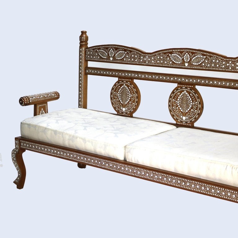 Moorish Style Inlaid Walnut Bench with Floral Pattern 20thC