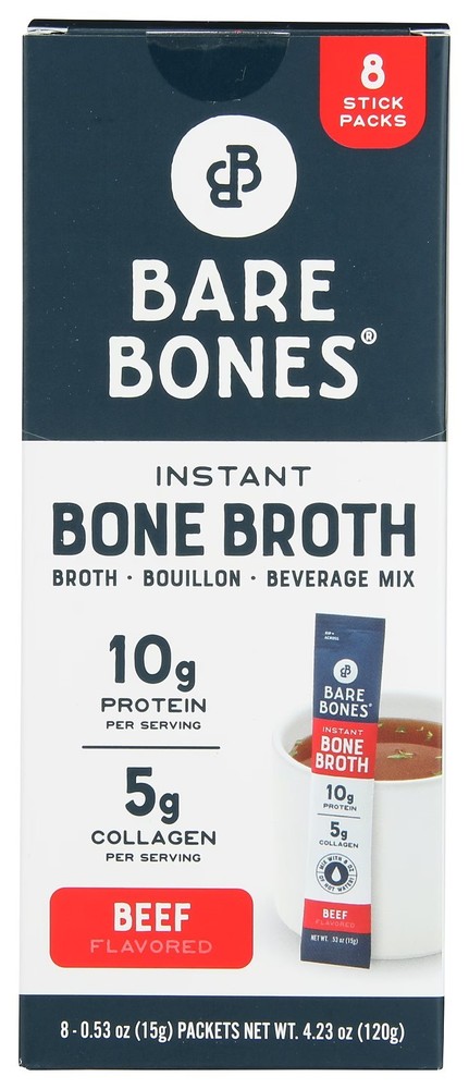 Bare Bones Instant Beef Bone Broth Sticks, 10G Protein, 4.23 oz, 8 Count.