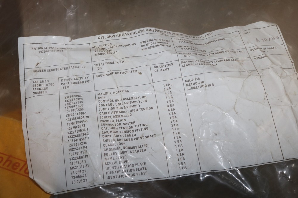 NOS USGI 3KW MEP generator 4A032 6 HP mil std engine breakerless ignition kit