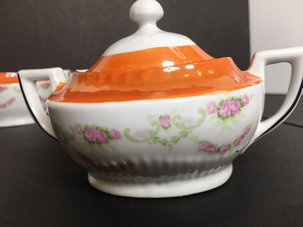Vintage Germany Creamer & Sugar Roses Lusterware Edging