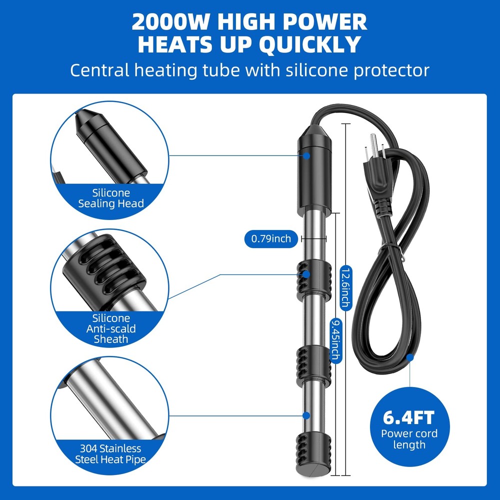 2000W Portable Immersion Water Heater, Made with 304 Stainless Steel and Safe...