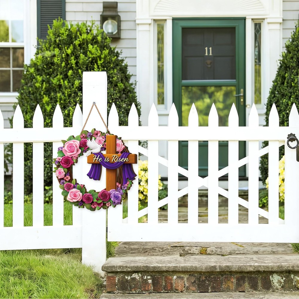 Christian Easter Decorations, He is Risen Easter Wooden Wreath for Front Door...