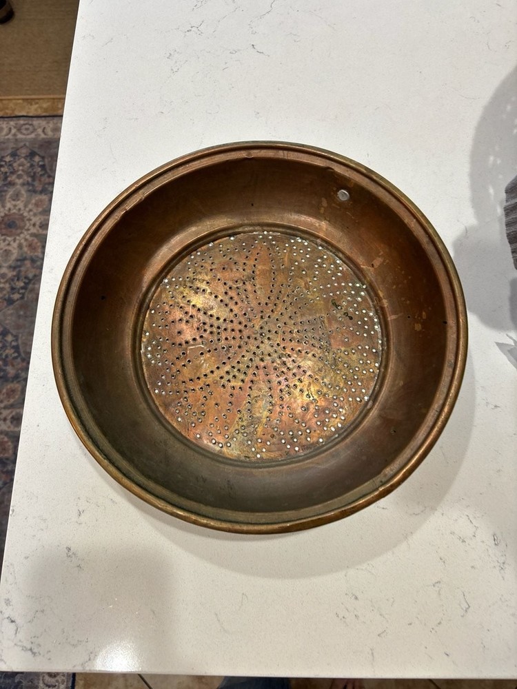 Vintage Hand-Hammered Solid Copper Colander Strainer with Hanging Ring