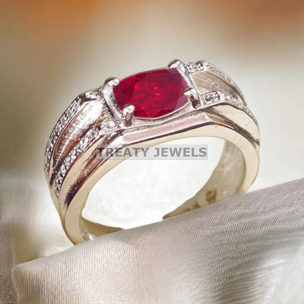 Ruby Oval Cut Gemstone With 14K Solid White Gold Ring For Men's #A531