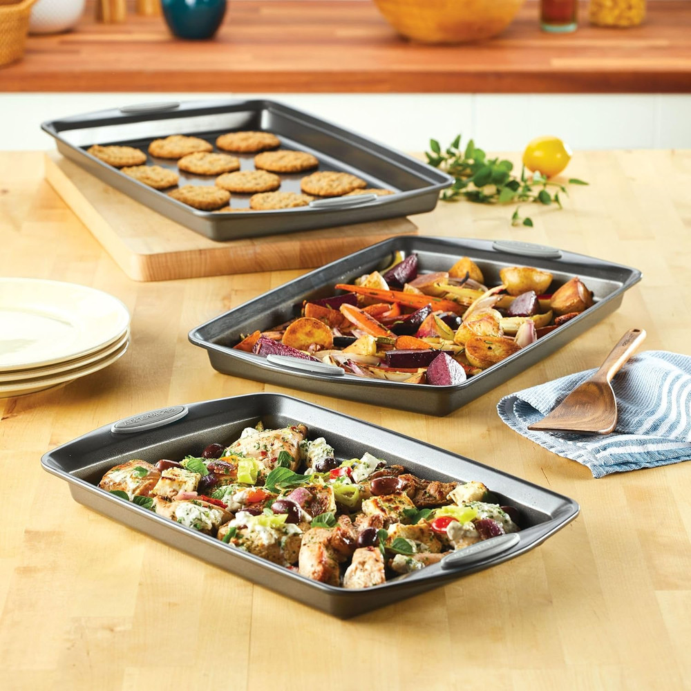 Nonstick Bakeware Set with Grips - 3 Piece Gray Cookie Sheets