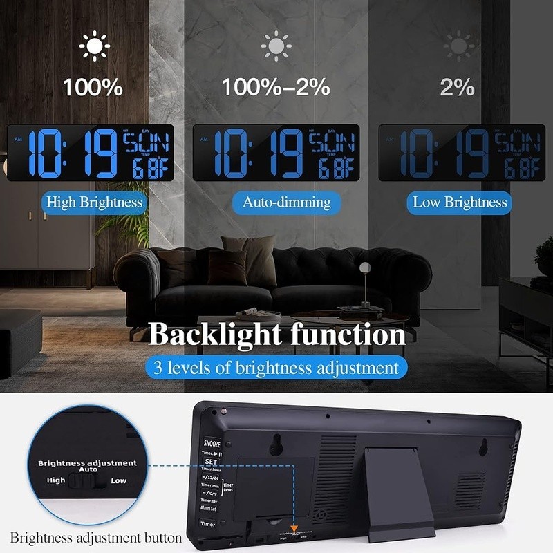Extra Large LED Digital Wall Clock Auto Dimming Snooze Timer Remote Control