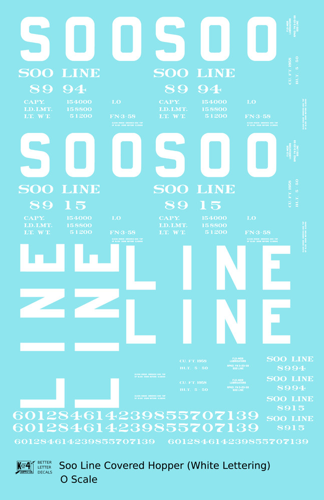 K4 O Scale Decals Soo Line Covered Hopper White