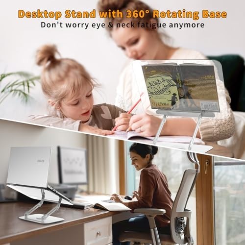 Adjustable Acrylic Book Stand with 360° Rotating Base & Page Clips - Foldable Ho