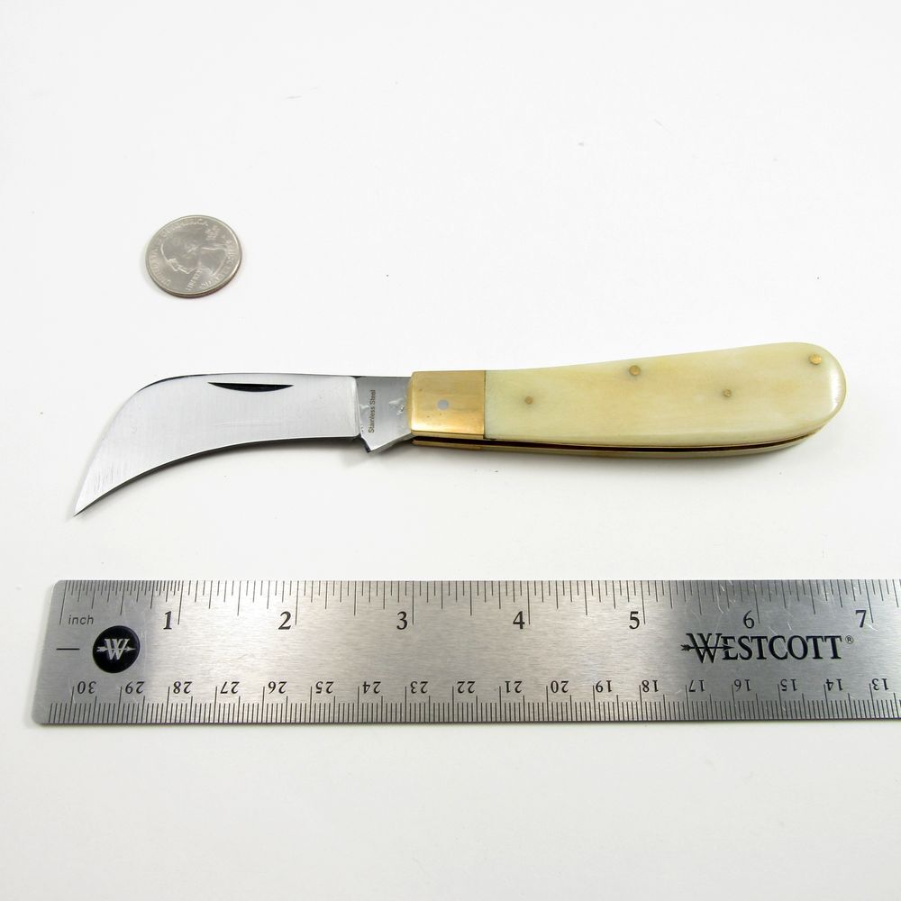 FOLDING POCKET KNIFE | 4" Rite Edge Hawkbill Blade White Bone + Brass Handle
