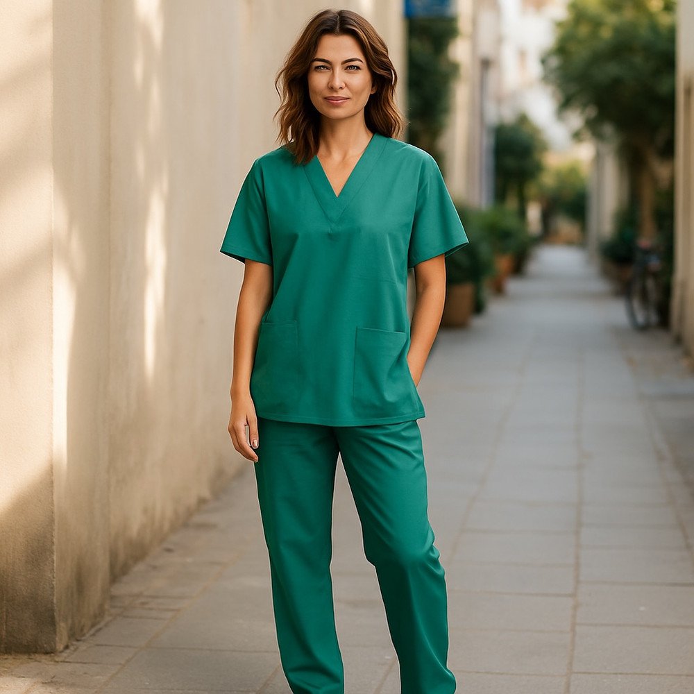 Bettie Dawn solid green short sleeve v-neck pullover scrub top with pockets M