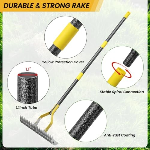Thatch Rake Heavy Duty Metal Dethatcher Rake with Adjustable Long Handle 4.5FT