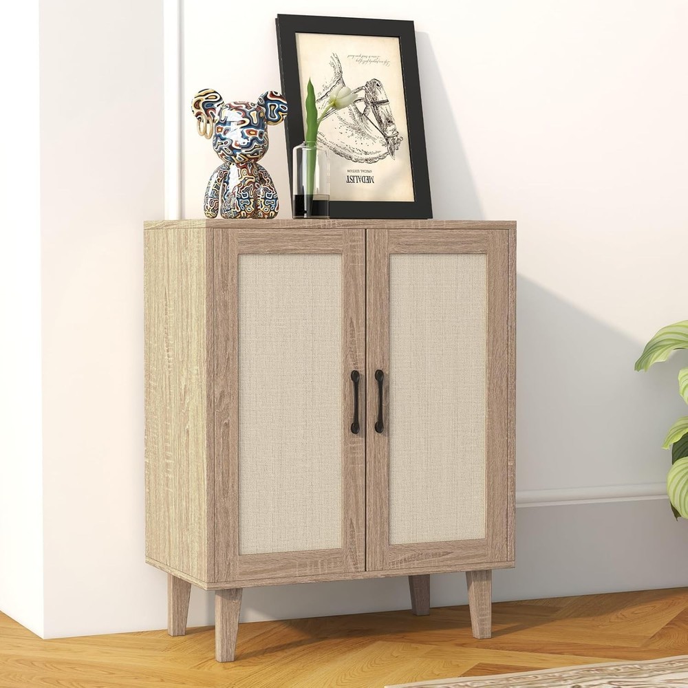 Buffet Cabinet Sideboard W/ Rattan Decorated Doors Kitchen Storage Cupboard