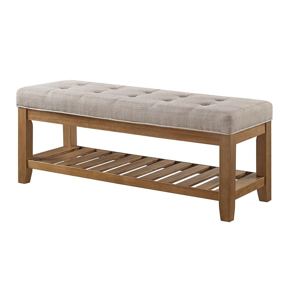 Large Rectangular Upholstered Tufted Linen Fabric Ottoman Bench, Padded Bench...