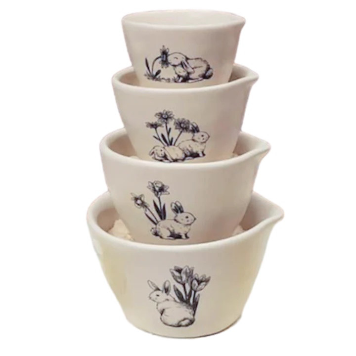 RAE DUNN Bunny Sketch 4 Measuring Cups Rabbit Easter Spring Ceramic NWT