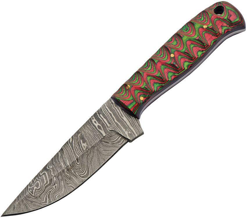 Damascus Hunter 4" Blade Red - Green Wood Handle Fixed Knife - DM-1376RD