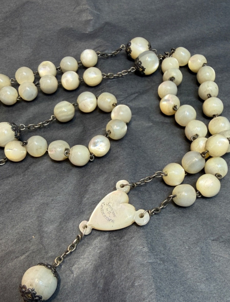 Victorian Big Rosary Filigree Silver MOP Mother Of Pearl Communion 2'' Crucifix