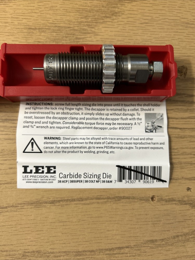 LEE .38 AUTO CARBIDE RELOADING DIE, RELOADING DIE # 90619