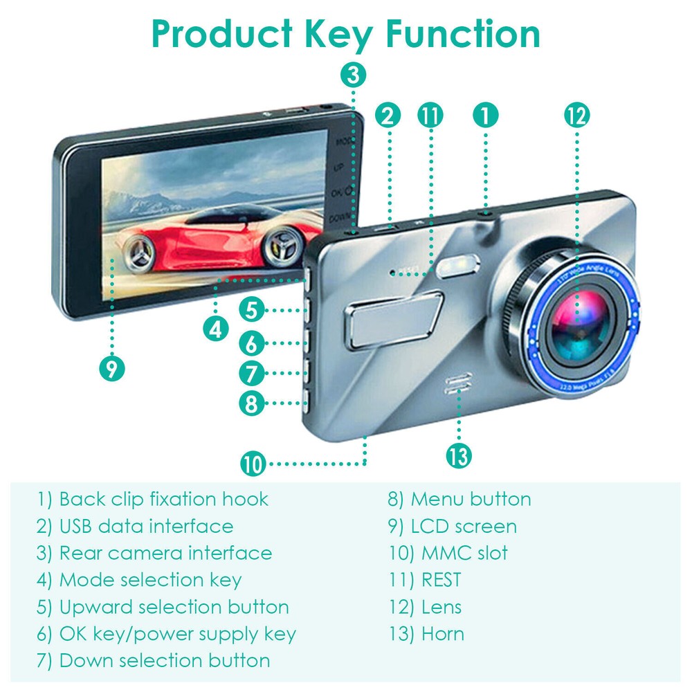 720P Dual Dash Cam Vehicle Recorder W/ Looping Function&Motion Detection Feature