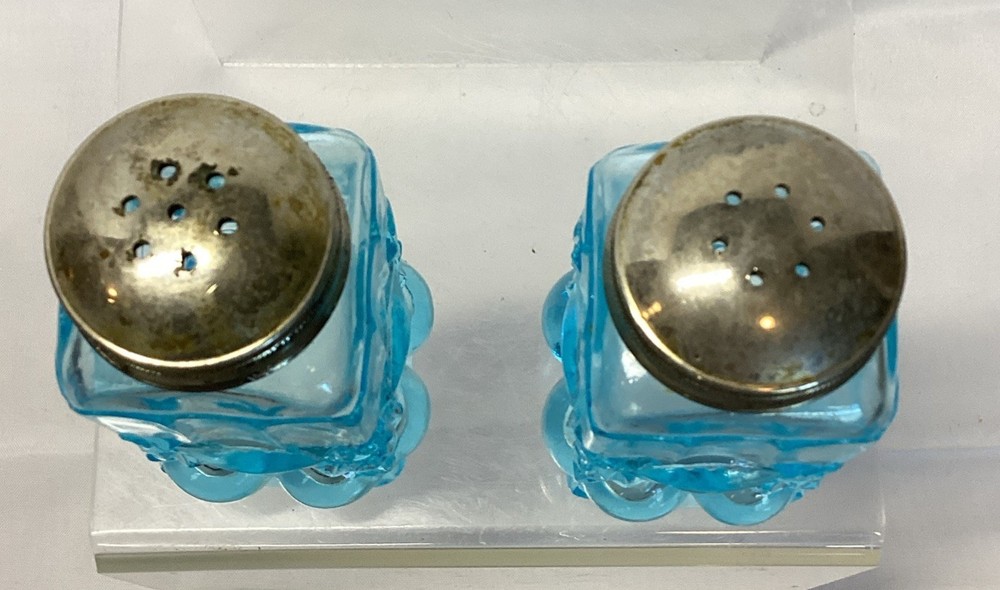 Mosser Aqua & Opalescent Glass Salt & Pepper Shaker Set Eye Winker Pattern