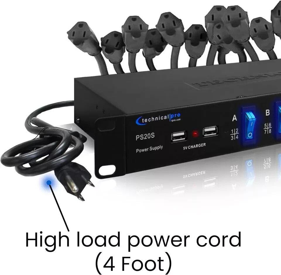 Technical Pro 20 Outlet 4 USB Port Rackmount Power Supply and Surge Protector