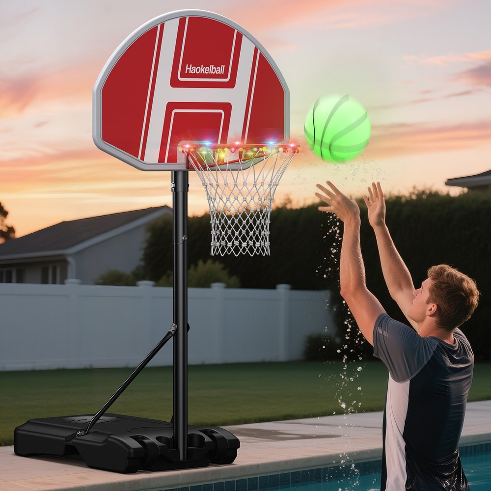 Pool Basketball Hoop Game LED String Light Backboard Poolside Play +Wheels,Balls