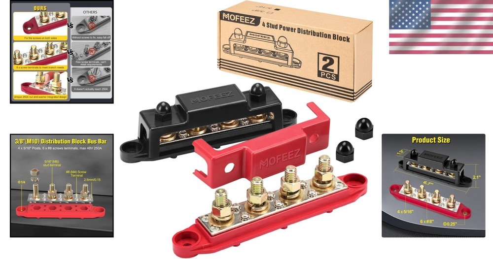 Power Distribution Block 4x5/16" Posts 250A Max 48V Panel Mount Pair Red Black