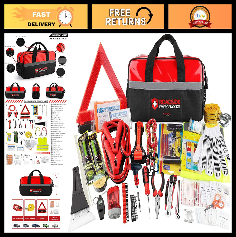 Emergency Car Kit - Roadside Assistance Essentials, Jumper Cables, Flashlight, S